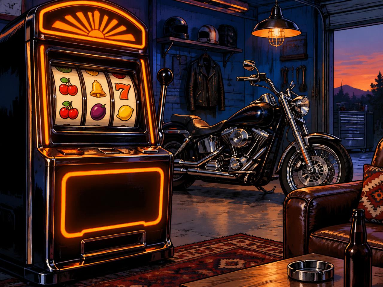 Gloeiende gokkast in een lounge in garagestijl, met een motor op de achtergrond